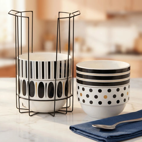 Ink Bliss Ceramic Stackable Bowl Set of 4 with Stand | Space Saver Bowl