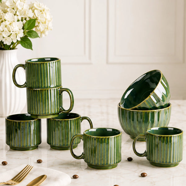 Green Ribbed Ceramic 2 Snack Bowl & 6 Tea Cup Combo