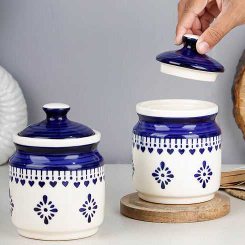 Blue Drape Ceramic Pickle Jars Set of 2 (600 ML) with Lids