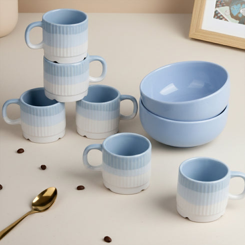 Solid Sky Blue Ceramic 2 Snack Bowl & 6 Tea Cup Combo