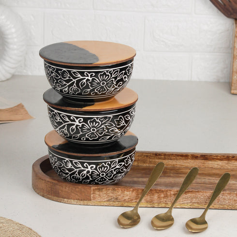 Black Artvine Ceramic Bowl Serving Set – 3 Bowls, 3 Coaster, 3 Spoon and 1 Tray