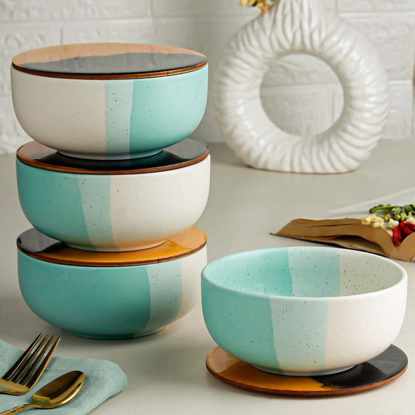 Green Matte Ceramic Bowl Set of 4 – 500ML with Lid