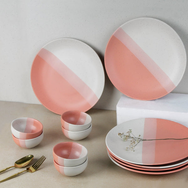 TT Pink Matte Ceramic Dinner Set 12 Piece for Family of 6 Plates and Bowls