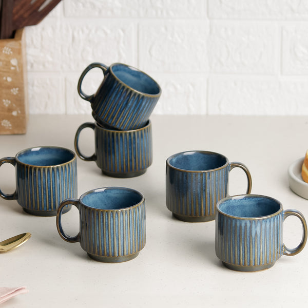 Glam Blue Fringe Stackable Ceramic Tea Cup Set of 6, 160 ML Microwave and Dishwasher Safe