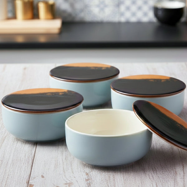 Grey Mellow Ceramic Bowl Set of 4 – 450ML with Lid