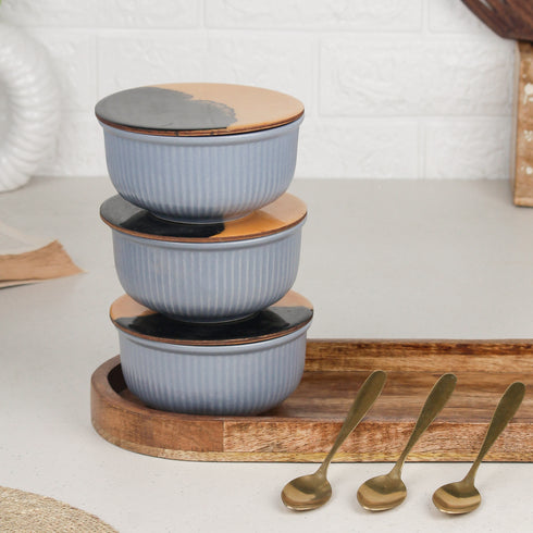 Grey Fringe Ceramic Bowl Serving Set 3 Bowls, 1 Tray, 3 Spoon and 3 Coaster