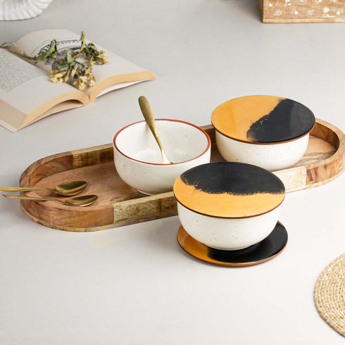 White Marble Ceramic Bowl Serving Set 3 Bowls, 1 Tray, 3 Spoon and 3 Coaster