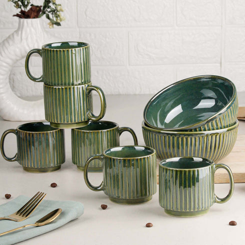 Glam Green Ceramic 2 Snack Bowl & 6 Tea Cup Combo
