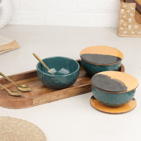 Teal Diamond Ceramic Bowl Serving Set 3 Bowls, 1 Tray, 3 Spoon and 3 Coaster