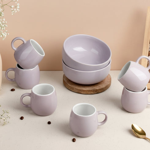 Solid Lavender Ceramic 2 Snack Bowl & 6 Tea Cup Combo