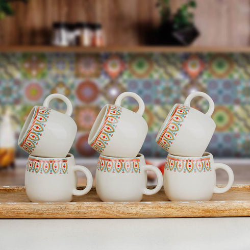 Frill Cream Ovule Ceramic Tea Cup Set of 6, 150ML