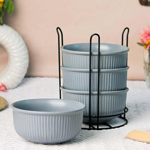 Fringe Grey Ceramic Bowl Set of 4 with Metal Stand