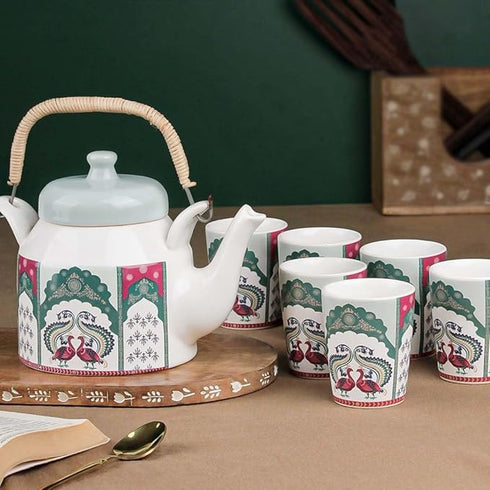 Peagal Glass Ceramic Tea Set with Kettle (6 Cups & 1 Kettle)