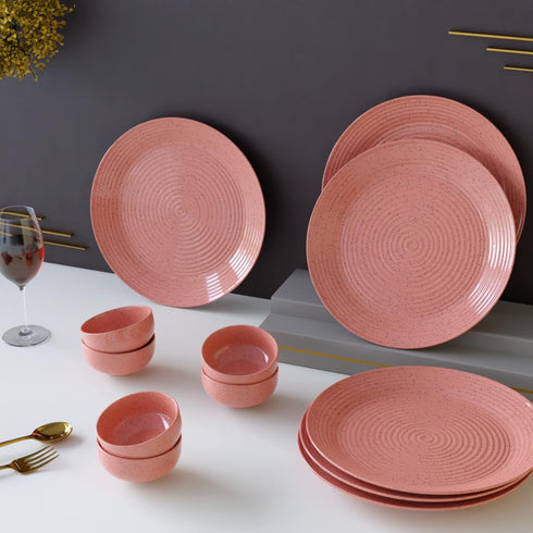 Spiral Pink Ceramic Dinner Set 12 Piece for Family of 6
