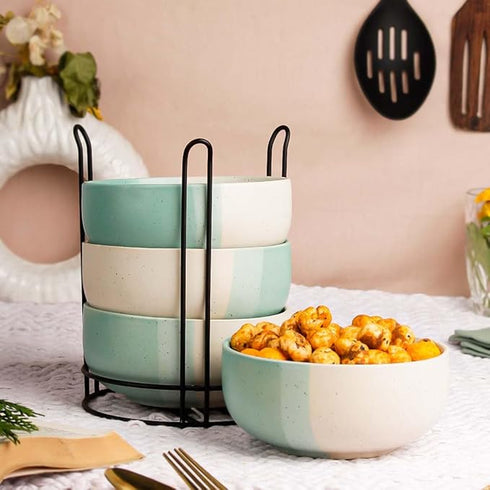 Tritone Green Ceramic Bowl Set of 4 with Metal Stand (500ml)