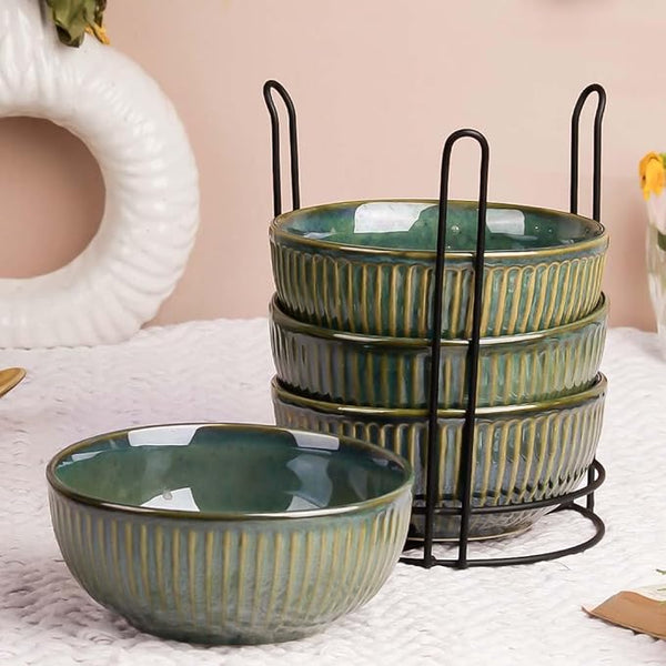 Glam Green Ceramic Bowl Set with Stand (4 Pcs)