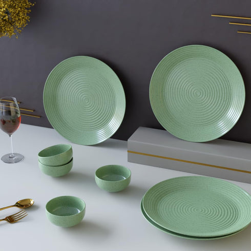 Spiral Green Ceramic Dinner Set 8 Piece for Family of 4 | Plates & Bowls | Microwave & Dishwasher Safe