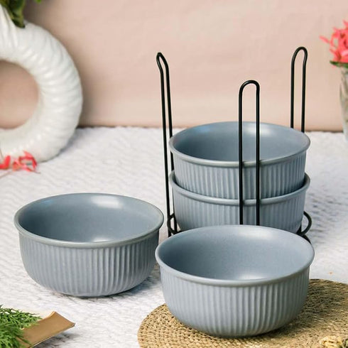 Fringe Grey Ceramic Bowl Set of 4 with Metal Stand
