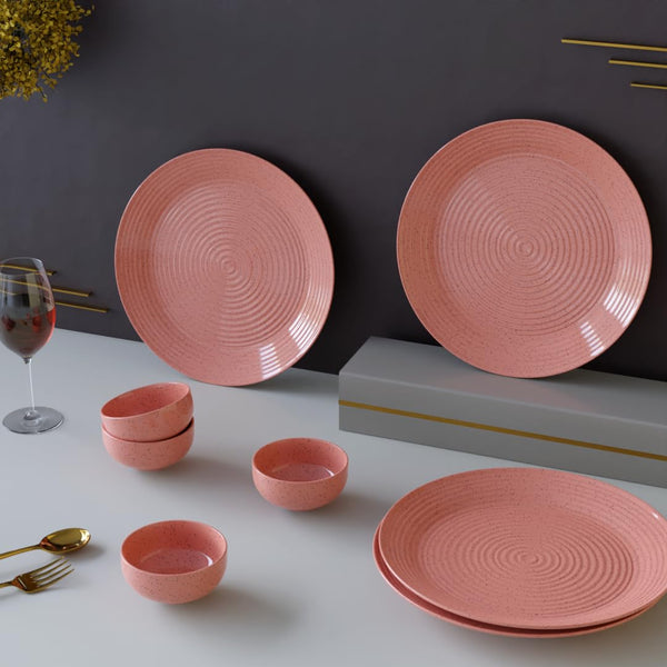 Spiral Pink Ceramic Dinner Set 8 Piece for Family of 4