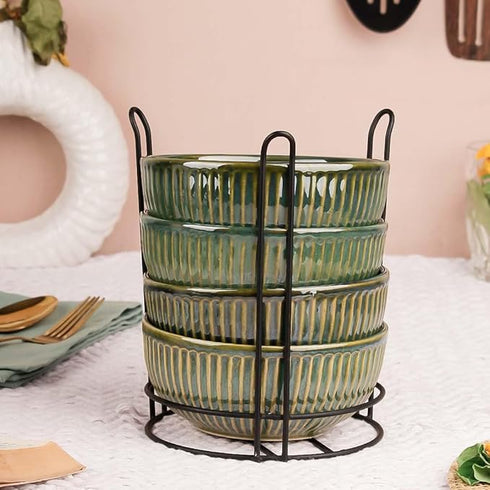 Glam Green Ceramic Bowl Set with Stand (4 Pcs)