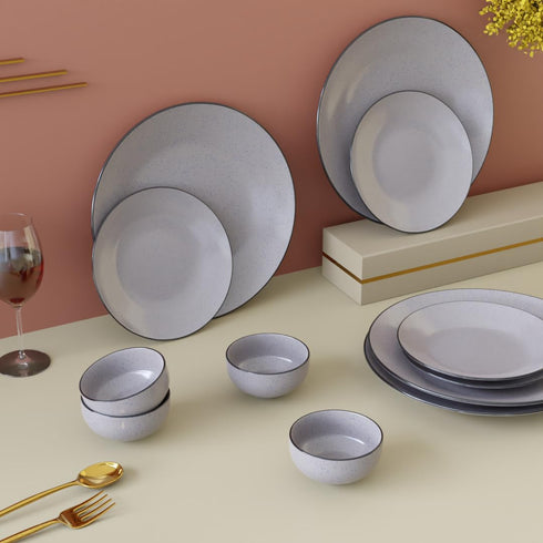 Glossy Grey Marble Ceramic Dinner Set 12 Piece for Family of 4