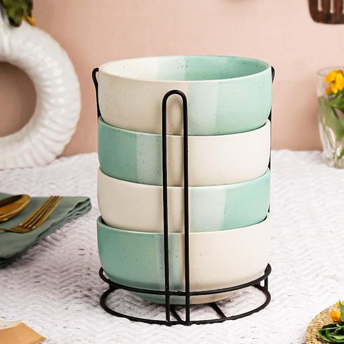 Tritone Green Ceramic Bowl Set of 4 with Metal Stand (500ml)