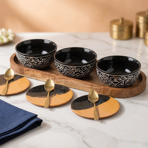 Black Artvine Ceramic Bowl Serving Set – 3 Bowls, 3 Coaster, 3 Spoon and 1 Tray