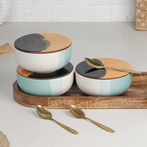 TT Green Matte Ceramic Bowl Serving Set 3 Bowls, 1 Tray, 3 Spoon and 3 Coaster