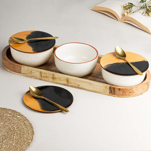 White Marble Ceramic Bowl Serving Set 3 Bowls, 1 Tray, 3 Spoon and 3 Coaster