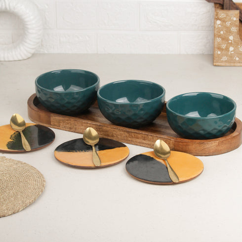 Teal Diamond Ceramic Bowl Serving Set 3 Bowls, 1 Tray, 3 Spoon and 3 Coaster