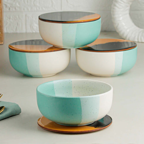 Green Matte Ceramic Bowl Set of 4 – 500ML with Lid