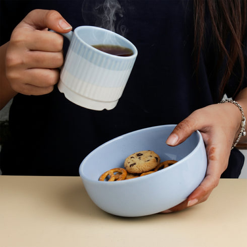 Solid Sky Blue Ceramic 2 Snack Bowl & 6 Tea Cup Combo
