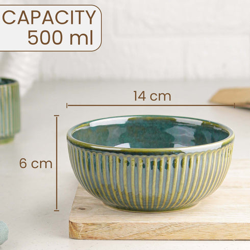 Glam Green Ceramic 2 Snack Bowl & 6 Tea Cup Combo