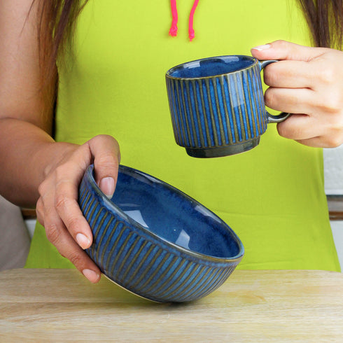 Glam Bue Ceramic 2 Snack Bowl & 6 Tea Cup Combo