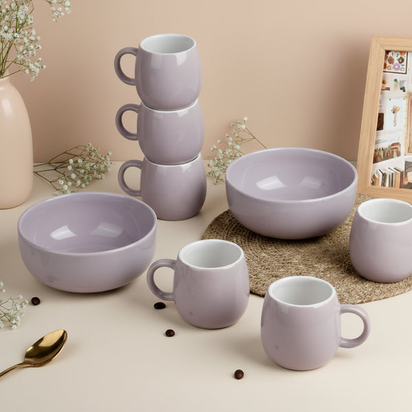 Solid Lavender Ceramic 2 Snack Bowl & 6 Tea Cup Combo