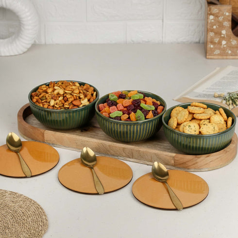 Glam Green Ceramic Bowl Serving Set 3 Bowls, 1 Tray, 3 Spoon and 3 Coaster