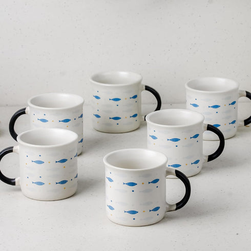 Blue Fish Ceramic Tea Cup Set of 6, 150 ML
