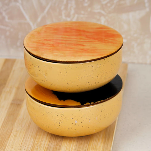 Mustard Marble Ceramic Bowl Lid/Coaster, Set of 2, 500ML Dishwasher & Microwave Safe Bowl for Serving
