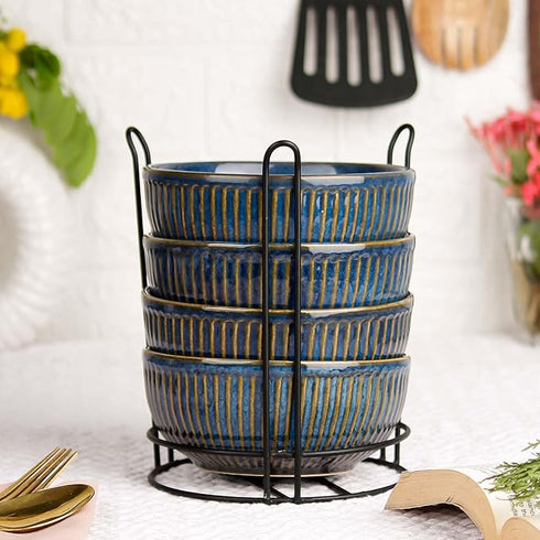 Glam Blue Ceramic Bowl Set of 4 with Stand