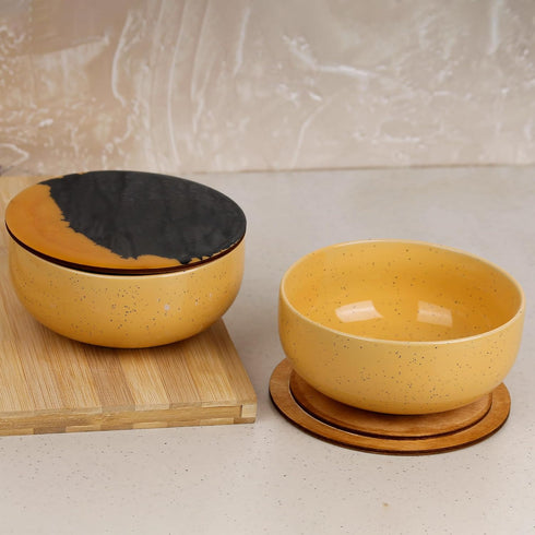 Mustard Marble Ceramic Bowl Lid/Coaster, Set of 2, 500ML Dishwasher & Microwave Safe Bowl for Serving