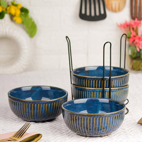 Glam Blue Ceramic Bowl Set of 4 with Stand