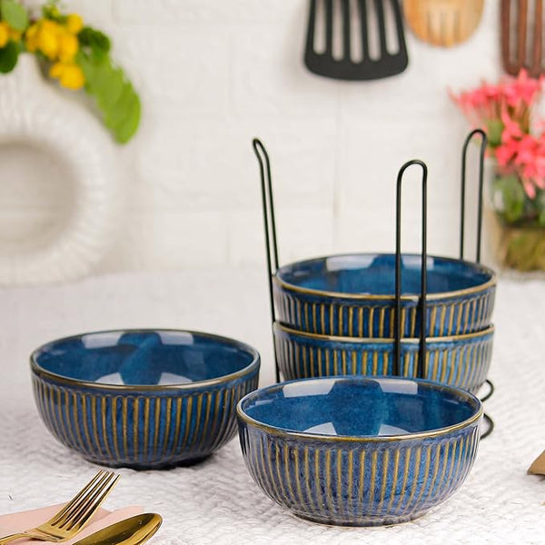 Glam Blue Ceramic Bowl Set of 4 with Stand