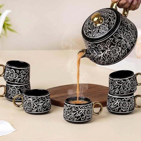 Black Artvine Ceramic Tea Set with Kettle (6 Cups)