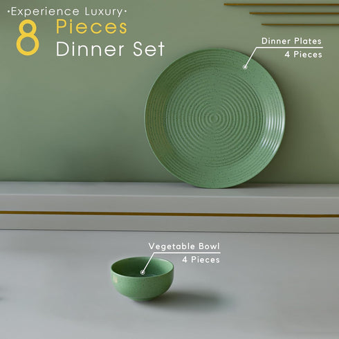 Spiral Green Ceramic Dinner Set 8 Piece for Family of 4 | Plates & Bowls | Microwave & Dishwasher Safe
