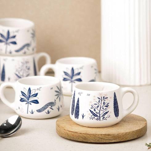 Blue Peafowl Ceramic Cup Set of 6 - The Earth Store - Tea Cups