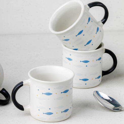 Blue Fish Ceramic Tea Cup Set of 6, 150 ML