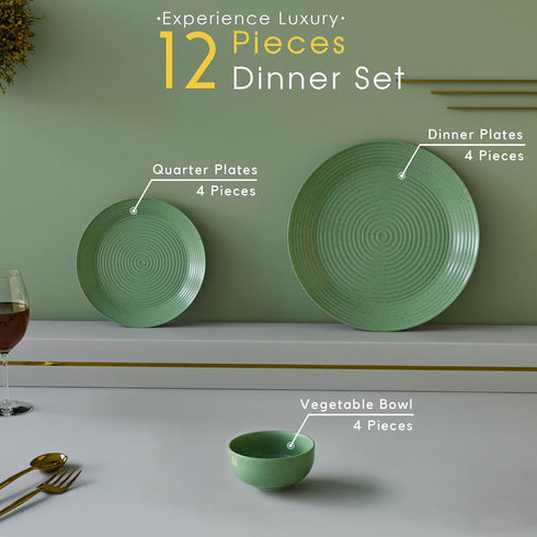 Spiral Green Ceramic Dinner Set 12 Piece for Family of 4
