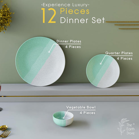 TT Green Matte Ceramic Dinner Set 12 Piece for Family of 4