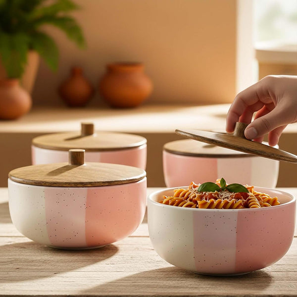 Tritone Pink Matte Ceramic Bowl Set with Wooden Lids (4 Pcs)