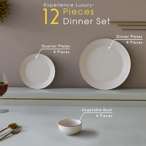 Spiral White Ceramic Dinner Set 12 Piece for Family of 4